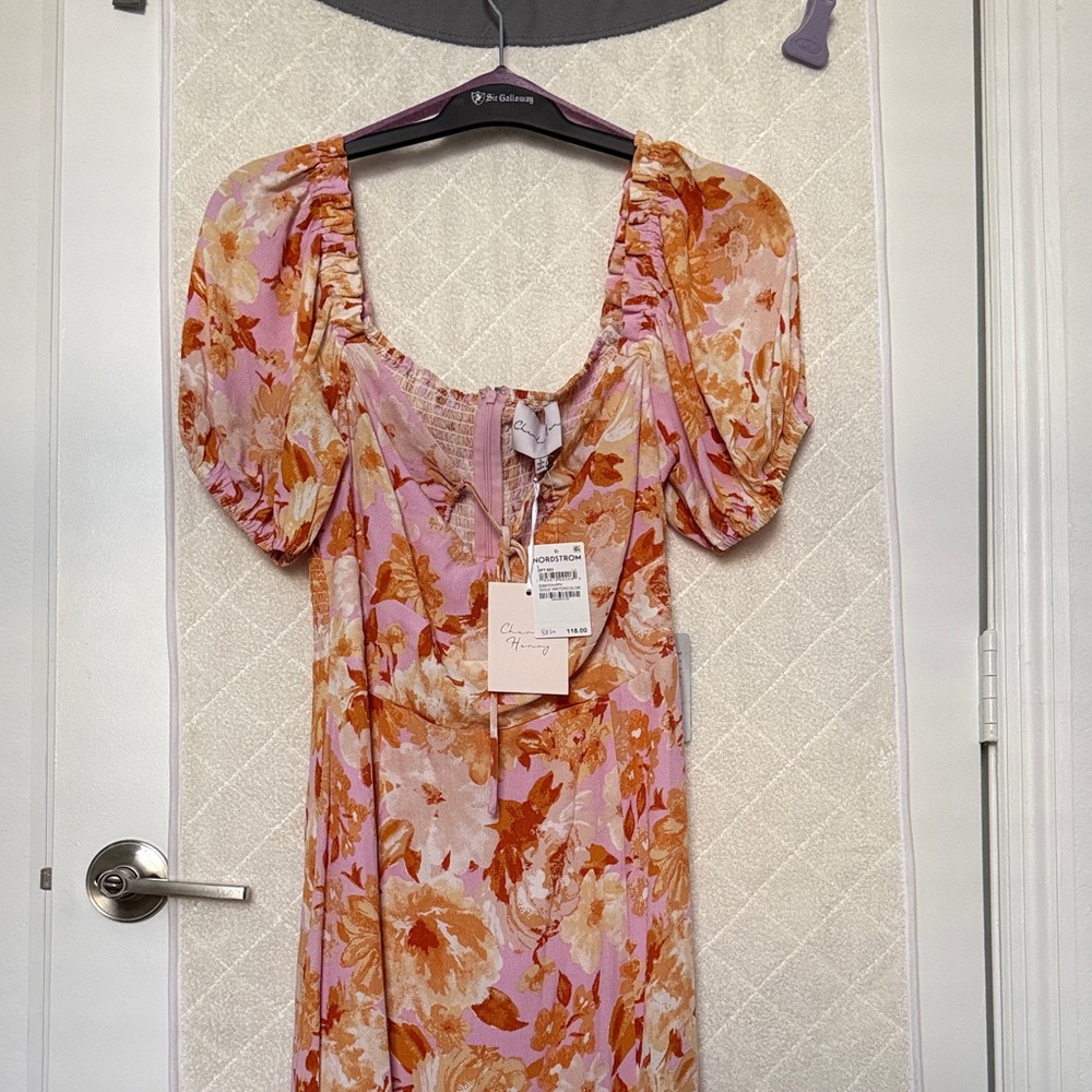 Floral Puff-Sleeve Midi Dress - Pink & Orange